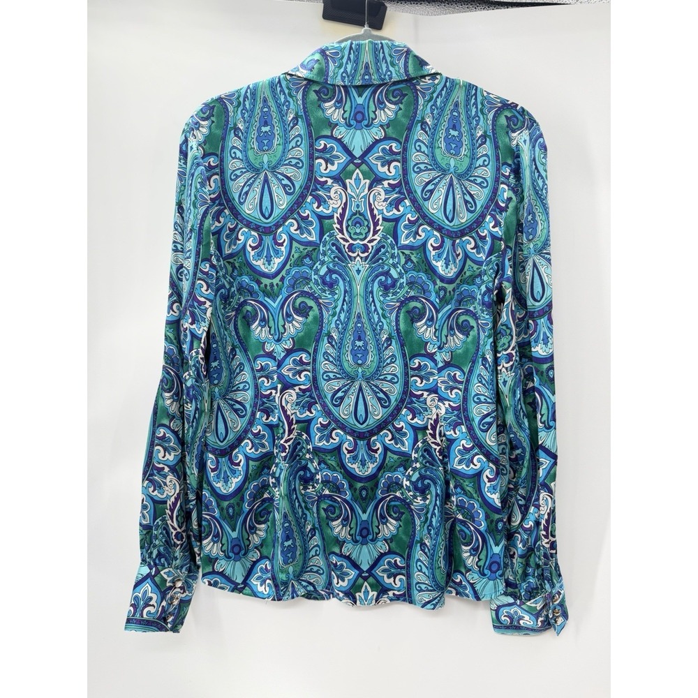 CACHE Silk Blouse Womens L Blue Paisley Psychedelic Rave Cowboy Glam Retro Pearl - Picture 9 of 9